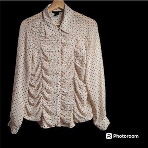 BCBG Maxazria Sheer Pleated Long Sleeve Blouse Size Large
